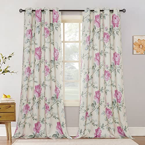 BUHUA 2er-Set Blickdicht Vorhänge mit Blumen Vintage Vorhang Rural Gardinen Ösenvorhang Elegante Verdunkelung für Schlafzimmer Wohnzimmer, H 260 x B 132 cm, Rosa Crème