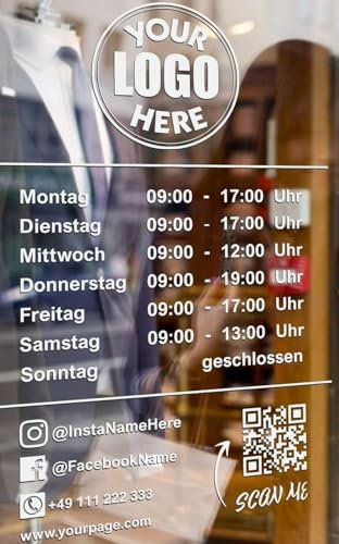 Rakelfix ÖFFNUNGSZEITEN Aufkleber Social Media personalisierbar Geschäftszeiten + QR-Code+Logo Glas Schaufenster Vinyl Sticker Scheibe alle Sprachen