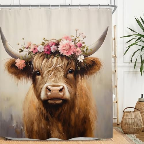 Miyotaa Highland Kuh Bulle, Duschvorhang-Set, 152 x 180 cm (B x H), Landhausstil, rustikal, Vintage, Blume, Tier, Rinder, wasserdicht, Badezimmer-Vorhang mit 12 Haken