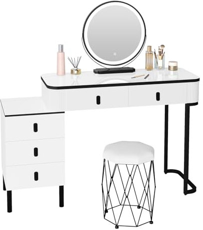 WOLTU Schminktisch mit LED Beleuchtung, Mobiler Spiegel, Hocker aus Samt, Kosmetiktisch modern mit 2 Schubladen 1 Seitenschrank, Flexible Montage, 100x126x40 cm, aus Holz Metall, Weiß + Schwarz