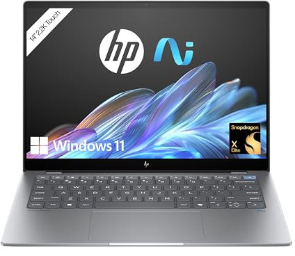 HP OmniBook X Next Gen AI Laptop | Qualcomm Snapdragon X Elite X1E-78-100 (12C) mit dedizierte NPU für KI | 45 NPU TOPS | Copilot+ | 14 2,2K Touchscreen | 16GB | 1TB SSD | Win11 | Meteor Silber