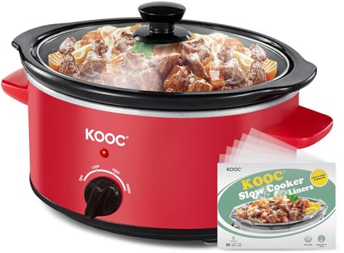 KOOC - Mijoteuse électrique de 4 litres, mijoteuse électrique avec couvercle, doublure incluse pour un nettoyage facile, casserole en céramique amovible, température réglable, rouge