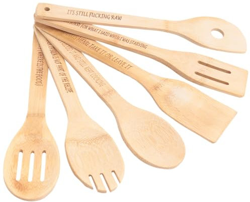 NONDK Funny Wooden Spoon Set, 6 Pieces Wooden Kitchen Spoons, Engraved Wooden Coffee Spoon with Funny Sayings C