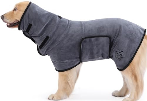 PETTOM Hundebademantel, Bademantel Hund mit Hohem Kragen, Hundebademantel für Große Hunde, Hunde Bademantel Extra Saugfähig mit Klettverschluss (Grau, XL)