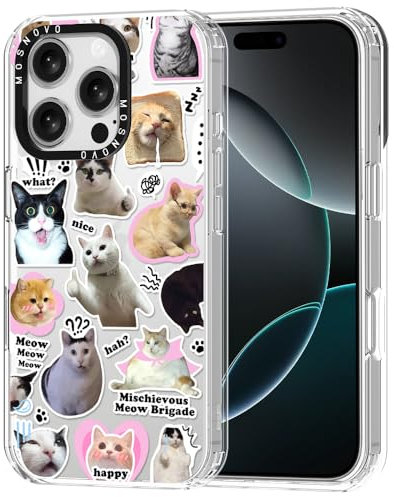 MOSNOVO Case for iPhone 16 Pro, [Buffertech 6.6ft Military-Grade Drop Protection] [Anti Peel Off Tech] Clear TPU Bumper Phone Case Cover Design - The Cat Brigade