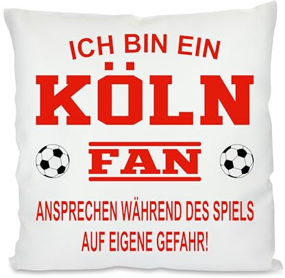 Fussball Kissen | Ich bin ein Köln Fan - Ansprechen während des Spiels auf eigene Gefahr | Dekokissen für Fußballfans | Hülle und Füllung | 40cm x 40cm | mit Wunschtext auf der Rückseite