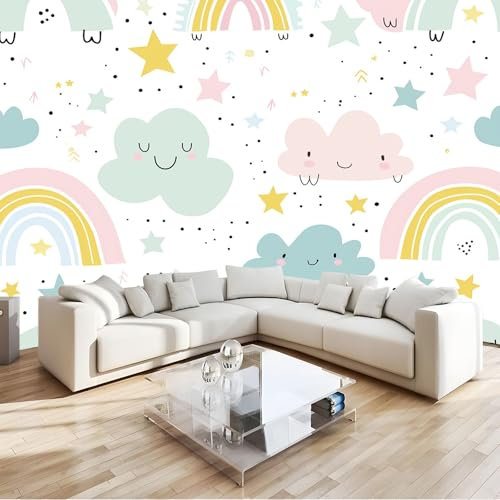 3D Papier Peint Dessin Animé Arc En Ciel Étoiles Des Enfants Papier Peint Panoramique Mural 200x140 cm Affiche Géante Décoration Pour Salon Chambre Chambre D'Enfant Décoration Murale