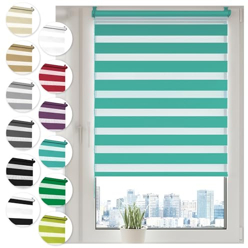 Doppelrollo Klemmfix ohne Bohren 35cm x 210cm Türkis Duo Rollo Klemmrollo Sonnenschutzrollo Fensterrollo für Fenster & Türen Zebrarollo Seitenzugrollo