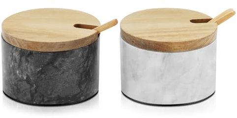 Flexzion Marble Salt Cellar with Lid & Spoon - Salt and Pepper Bowls Dish Container with Anti-Slip Pad - Marble Pepper Jar Storage Box Holder for Paprika, Herbs, Jewelry (Set of 2, Black & White)