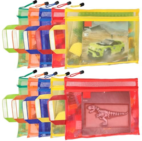 5 Color Mesh Zipper Pouch Bags, 10pcs A4 Double-Layer Nylon Puzzle Building Block Sets Toy Storage & Organization, Breathable See Through Zipper Pouch with Handle Pocket for School Office Games