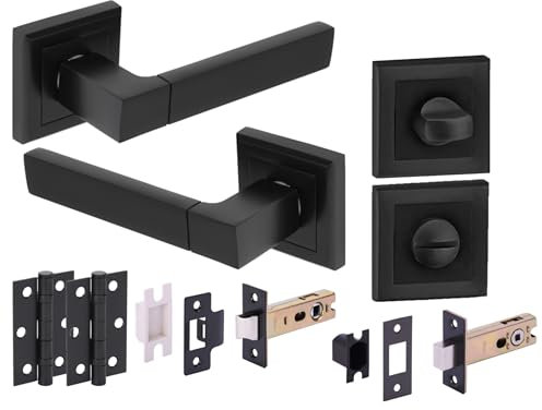 Hunta HANDLEZONE® Reno Door Handles on Square Rose Bathroom Deadbolt Pack, 76mm Lock and Latch, 75mm Ball Bearing Hinges - Black Matt