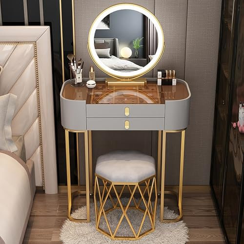 USFJATI Schminktisch mit Beleuchtetem Spiegel und Glasplatte, Schminktisch mit LED-Make-up und Rückenlehne, Schminktisch Holz mit 3 Farbbeleuchtung, Schminktisch for Mädchen(Gray,70cm/27.5in)