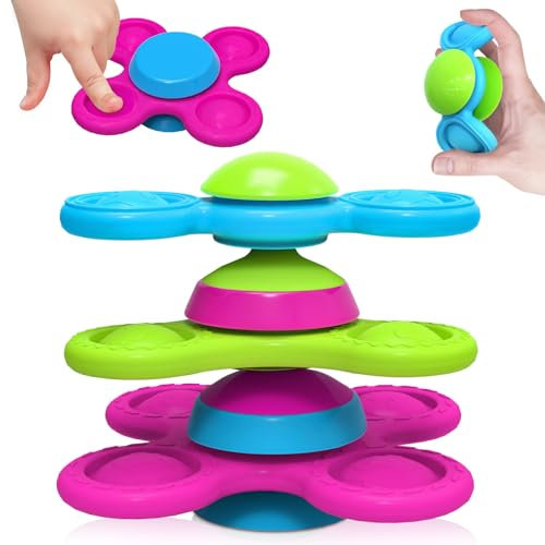 Guibola Saugnapf Spielzeug Kinder 3 Stück Fidget Spinner Baby Tierdruckmuster 10 Monate+ Baby Spielzeug Silikon Spinner Sensorik Spielzeug Montessori Spielzeug Badespielzeug Geschenke（Stapelbar-Tier）