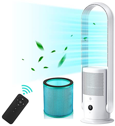 Ventilatore a Torre Senza Pale, ULTTY Silenzioso Ventilatore con Purificatore d'Aria con Telecomando, Timer, Alto 80 cm, Oscillazione per Camera da Letto, Ufficio a Casa, CR022 Bianco