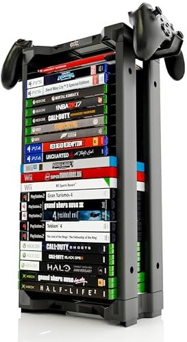 ADZ Soporte universal para juegos – Torre de almacenamiento para 23 juegos para PS2 PS3 PS4 PS5 PSP Xbox 360 Xbox One Series X Wii Switch Games DVD y discos Blu-Ray Incluye 2 soportes de controlador