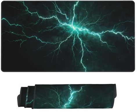 Large Gaming Mouse Pad - Green Lightning Flash Rubber Base Desk Mat, Desk Pad with Stitched Edges, Mousepad for Laptop, PC Keyboard Mouse Mat for Work Game Office 16x29.5in