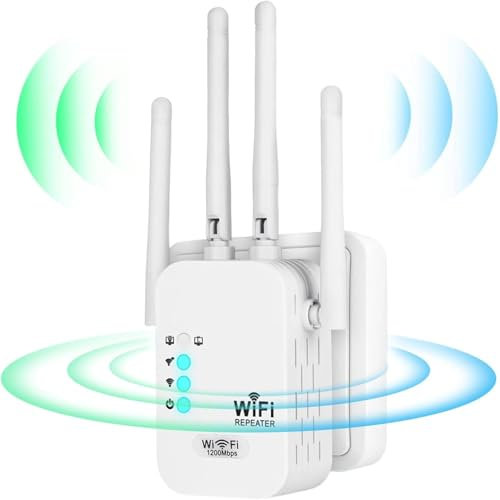 Amplificador Señal WiFi 1200Mbps Repetidor WiFi Largo Alcance, WiFi Extender con 4 Antenas de Alta Ganancia,2 Puerto LAN,Extensor de WiFi para casa y Oficina,Fácil de Instalar (450)