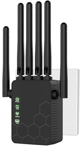 Repetidor WiFi Largo Alcance, Extensor de WiFi, Amplificador Señal WiFi, Modo Repetidor/Router/Ap, 6 Antenas, 2 Puertos LAN,Plug and Play,para Casa/Oficina-Negro