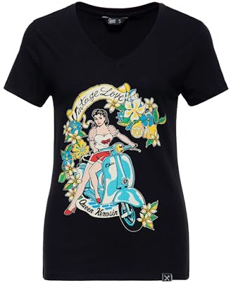 Queen Kerosin Damen T-Shirt · Printshirt · Vintage · V-Ausschnitt · 50s · Retro · Rockabella · Rockabilly · Slim Fit · Elastisch · Rundhals · Kurzarm · Vintage Love