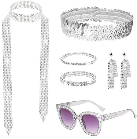 SAIIURV 7 Stück 1970er Jahre Disco Zubehör Glitzer Haarbänder Ohrringe Schal Strass Sonnenbrille Armband, Disco Accessoires 70er 80er Jahre Outfit Damen für Fasching Karneval Kostüm (Silber)