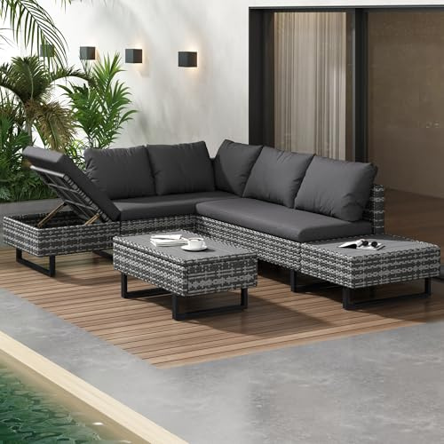 boorbin Poly rattan set, Seating group, Sofa lounge, Garden lounge,Lounge with corner sofa, Table & cushions, Removable and washable fabric cover (Grey)
