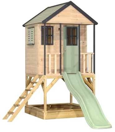 Wendi Toys M48 Spielhaus mit Rutsche, Stelzenhaus aus FSC-Holz für Kinder Garten Outdoor, Podesthöhe 90 cm, 280×197×242 cm, mit 175 cm Rutsche, Sandkasten, Leiter, wetterfest