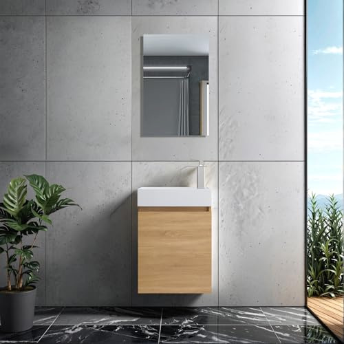 Faizee Home | Badmöbel Set Eiche – Waschtisch mit Unterschrank, Keramik-Waschbecken & Spiegel | Inkl. Wasserfall-Armatur in Chrom | Modernes Badezimmermöbel mit elegantem Design