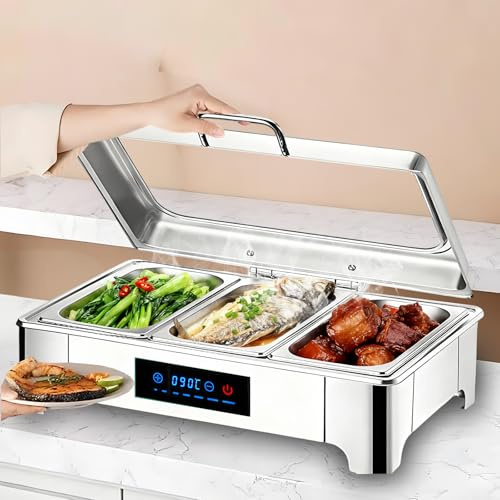BOVDC 9L Chafing Dish Elettrico Temperatura Regolabile 35-85℃ (1/3 Pan) | Professionale Scaldavivande Elettrico Buffet in Acciaio Inox con Coperchio Trasparente per Buffet, Ristoranti, Cucine