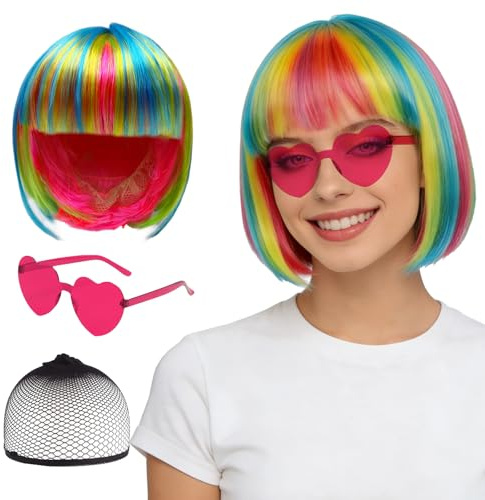 GYIOFAI 3 Pièces Perruque Arc-en-Ciel Femmes, Perruque Bob Disco avec Frange, Cheveux Synthétiques avec Bonnet et Lunettes de Soleil Fête à Thème Carnaval Soirée Déguisée (Arc-en-Ciel)