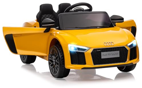 Offiziell Lizenziert – Audi R8 Spyder Kinder Elektroauto 12V – Mit 2,4G Fernbedienung, LED-Scheinwerfern, Hupe & Musik | Elektrofahrzeug Mit Sanftanlauf & Sicherheitsgurt Für Kinder 3-6 Jahre, Gelb