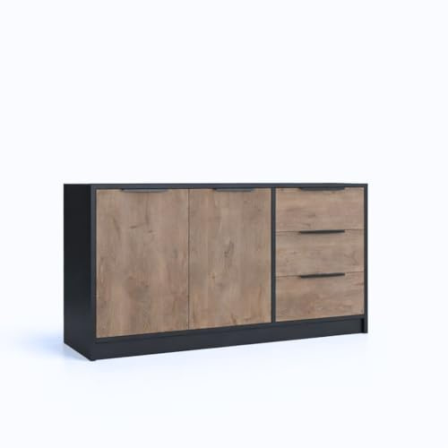 Masseno Kommode SION 138 cm Sideboard mit 3 Schubladen und 2 Türen für Wohnzimmer Schlafzimmer Modern 138x41x81 cm Schwarz/Eichefarben
