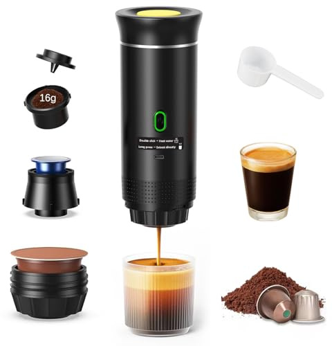 MIMISOLA Cafetera Portátil 3 en 1 Eléctrica, Máquina de Café de Viaje 20 Bar con Autocalentamiento, Compatible con Cápsulas y Café Molido, Batería 7500mAh para Camping y Coche