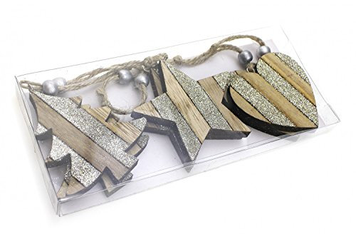 TEMPELWELT 6X Deko Anhänger Herz Stern Baum 7x7 cm, Holz Natur Glitzer Braun, Fensterdeko Holzanhänger Baumschmuck Weihnachten Weihnachtsbaum Holzschmuck