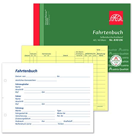 Omega Fahrtenbuch 830 OK I Selbstdurchschreibendes DIN A5-Formularbuch im Querformat mit 2 x 40 perforierten Blättern in weiß/gelb I CO2-neutral produziert I Effizient und umweltfreundlich