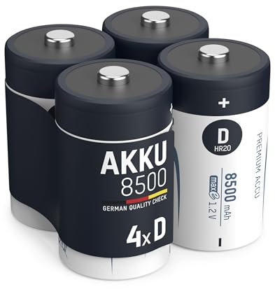ANSMANN Piles rechargeables Mono D 8500 mAh 1,2 V (lot de 4) – Piles HR20 rechargeables à faible autodécharge – Accumulateurs idéaux pour les jouets, lampes torches, flashs d'appareils photos