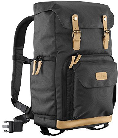 Mantona Luis Retro photo backpack with Genuine leather applications, incl. rain cover, flexible divider and laptop compartment, suitable for 1x DSLR camera, 3x lenses, various photo accessories, black