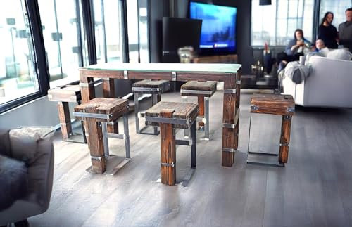 CHYRKA® Esstisch Wohnzimmertisch DROHOBYCZ Hocker Loft Vintage Bar IndustrieDesign Handmade Holz Metall (180x60 cm - Tisch+6Hocker)