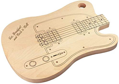 Casa Vivente Schneidebrett E-Gitarre mit Gravur, Sex, Breakfast and Rock’n’Roll, Holzbrett mit Aufhängung, Geschenkidee für Musikfans