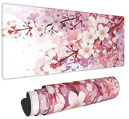 Tapis de souris japonais Sakura rose étendu, 80 x 30 cm, taille XL, fleur de cerisier, base en caoutchouc antidérapant, bords cousus, imperméable, pour bureau, maison