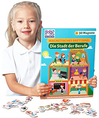 MAGNIKON Magnetspiel Die Stadt der Berufe 30 Magnete - Kinderspielzeug mit großem Spielfeld für die Beschäftigung bei der Autofahrt - Spiel für Unterwegs mit Magnetpuzzlen - Magnetbuch ab 3 Jahren