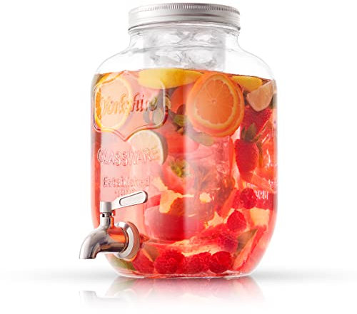 Getränkespender aus Glas mit Zapfhahn aus Edelstahl und Eiszylinder und Fruchteinsatz, Wasserspender, Limonadenständer, Saftbehälter, Getränkespender für Partys