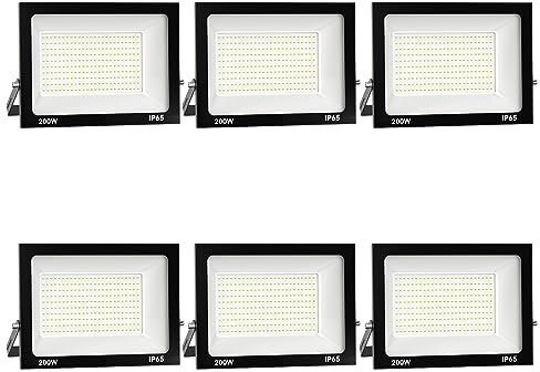 Royana 6x 200W LED Strahler Außen, Superhell Aussenstrahler 20000LM Baustrahler, IP65 Wasserdicht Flutlicht Außenleuchte 3000K Warmweiß Scheinwerfer für Garage, Garten, Sportplatz
