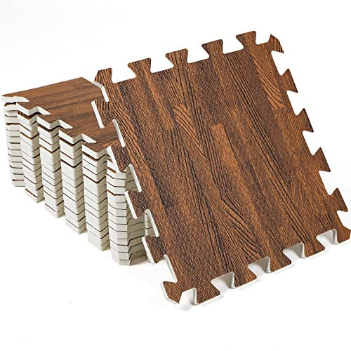 100 Stück Holzmaserung-Bodenmatten mit Rand, Holz, dick bedruckt, ineinandergreifende Schaumstofffliesen, Anti-Müdigkeit, Bodenbelag für Zuhause, Spielzimmer, Keller, Messe, 30,5 x 30,5 cm (Braun)