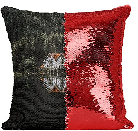 Fabulous Pailletten-Kissenbezug Rot Holzhaus am Seeufer im Wald