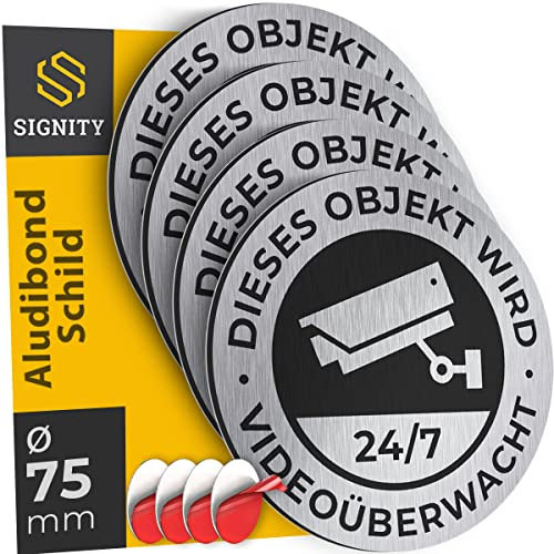 4-er SIGNITY Alu Schild Videoüberwachung (fi 75mm klein) - Alu Warnschild Kamera Überwachung - ideal zur Kamera Attrappe - Aluminium Schild - Achtung Videoüberwachung für Privatgrundstück