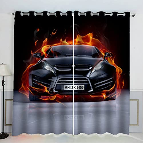 VASENA Sportwagen Rennwagen Gardinen Kinderzimmer 3D Drucken Fenstervorhang Brennendes Auto Vorhänge Abdunkelnd Blickdichte Schallschutz Gardinen mit Ösen 2er-Pack (140x160 cm)