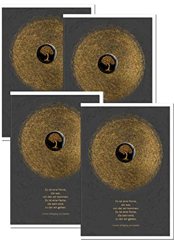 metALUm 4 x hochwertige exklusive Trauerkarten Beileidskarten im Format B6 Doppelkarte Klappkarte ohne Innentext mit weißem Umschlag Motiv Lebensbaum Spruch von Goethe mit goldenem Schimmer