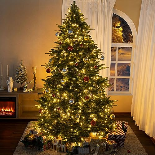 Naomi Home Cynthia 7.5ft Prelit Aritificial Christmas Tree with 3661 Branch Tips, 800 Warm Lights and Metal Stand, 60 Wide Realistic Rustic Christmas Tree with Lights