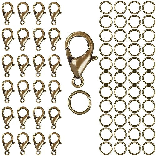 50 Stück verschlüsse für armbänder,kettenverschluss, mit 100 Biegeringe,perlen verschlüsse, karabiner schlüsselanhänger,kleine karabinerhaken,für DIY,rucksack,schlüssel(Bronze)