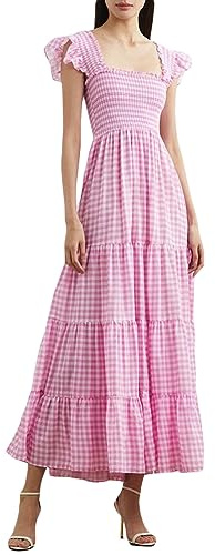 Robe longue rose à carreaux pour femme - Col carré - Dos nu - Robe trapèze - Style vintage des années 50 - Pour cocktail, fête, swing